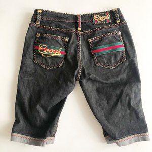 COOGI Juniors Bermuda Denim Shorts Embroidered Roll Cuff w Tab Dark Wash Sz 5/6